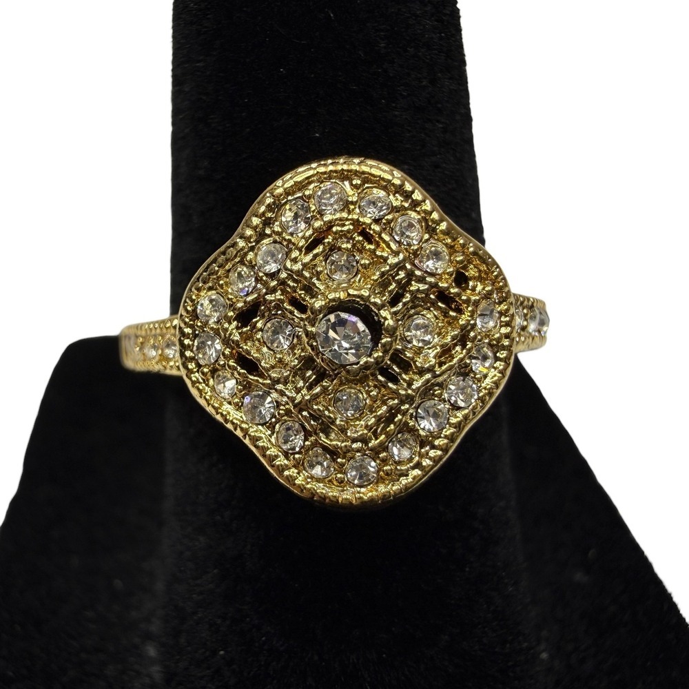 Elegant Gold Tone Clear Rhinestone Pave Filigree Statement Ring Jewelry Size 6